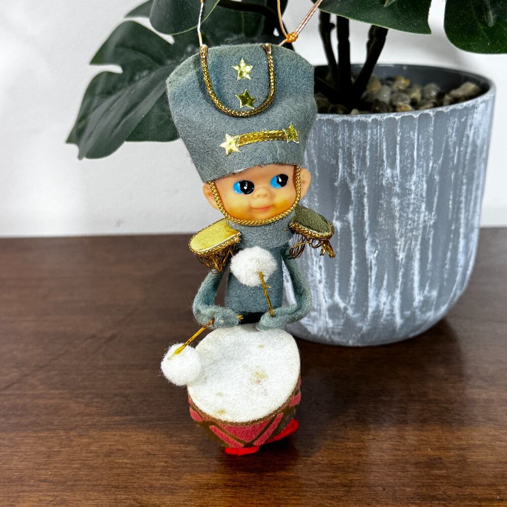 Vintage Felt Drummer Pixie Elf Toy Soldier Christmas Ornament Japan 4.5" MCM